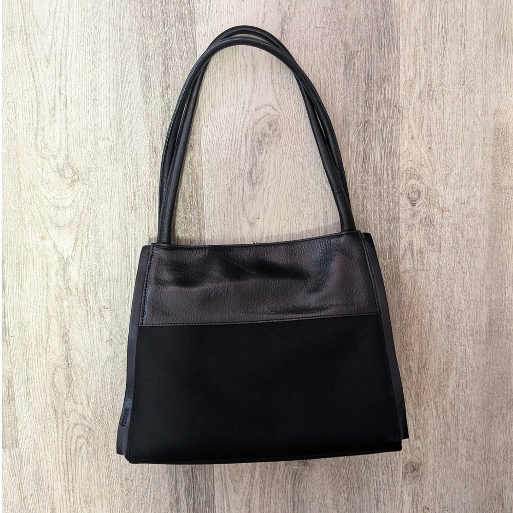DKNY Black Leather Textile Shoulder Bag Kiss Lock Frame Triple Compartment Bag